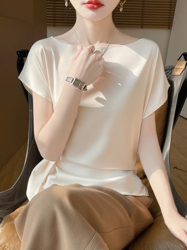 レディース Tシャツ 短袖 セットアップ風 ワンピース トップス 一字領 ?面 接触冷感 ポリエステル スパンデックス 純色 飛袖 系? 気質 通勤 スタイル 優雅 甘美 清新 香? グースイエロー 豆緑 ブラック 香?カラー イエローグリーン ブラック