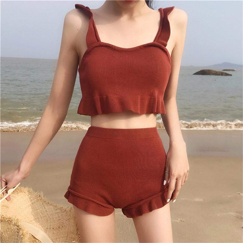 レディース ビキニ セパレート スイムウェア 温泉 入浴着 針織 トップ ボトム セット 無袖 胸パッド 無ワイヤー ジャガイモ色 ネイビー ブラック M L XL サイズ 純色 デザイン 軽量 伸縮性 速乾 ナイロン 素材 女性用 プール ビーチ アク