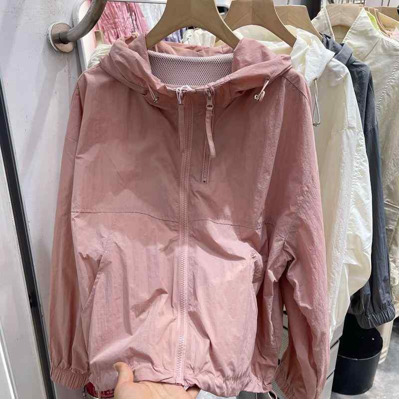 レディース フーディ 春夏 防晒 ジャケット 長袖 ポリエステル ネット内里 通勤 普段使い 都市スタイル 軽量 伸縮性 吸湿速乾 防風 切り替え デザイン ゆったり シルエット ホワイト ピンク アイボリー カラー