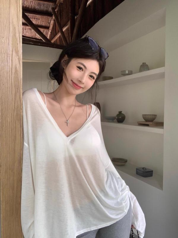 トップス 女性用 白色 Vネック 長袖 薄手 透け感 春夏 ワイドシルエット 防晒 UPF30+ ポリエステル 接触冷感 軽量 吸湿速乾 短丈 セットインスリーブ 気質 ゆったり 休日スタイル ブラック ホワイト カーキ(x10)