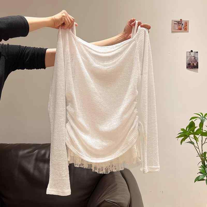 Tシャツ レディース 長袖 防晒 罩衫 セット 修身 ワンショルダー レース 切り替え 気質 通勤 都市 スタイル ?? 米白色 花柄グレー 薄手 軽量 吸湿速乾 接触冷感 春夏