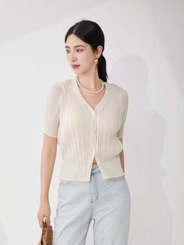 レディース カーディガン 開襟 短袖 Tシャツ トップス Vネック ゆったり シルエット ポリエステル 素材 純色 無地 百搭 しわ加工 接触冷感 吸湿速乾 通勤風 気質 ブラック イエロー ベージュ 夏 春夏 旅行 日常 約会 職場 柔軟