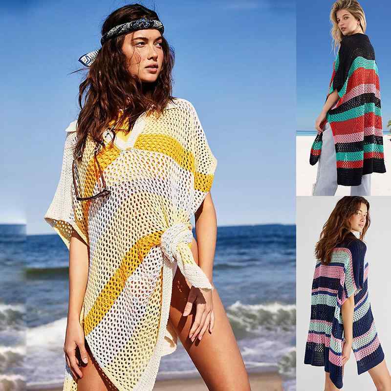 カバーアップ 女性用 ビーチウェア 防晒服 トップス コットン素材 コットン90% 軽量 伸縮性 Vネック 切り替えデザイン 半袖 ミドル丈 不規則カラー 赤緑 ベージュ ピンクグリーン 夏用 春夏 ビキニカバー ラフスタイル アウトドア 普段使い 吸湿(x3)