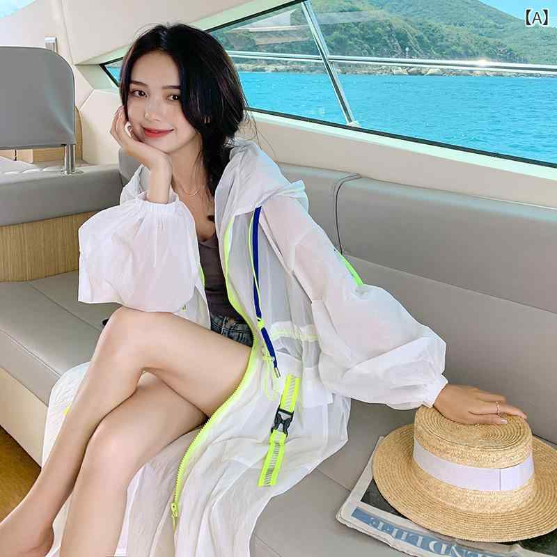 防晒服 女性用 長袖 長丈 軽量 薄手 接触冷感 再生繊維 シンプル ユルシルエット フード付き ジッパー 春夏 ビーチ リゾート 普段使い 快適 ホワイト