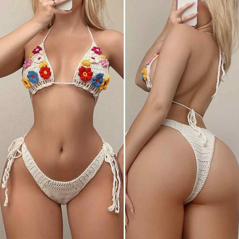 ビキニ セット 女性用 手編み 花柄 紐 ビーチ コバーアップ 沙? 度假 セクシー 手??? 花? ?? 海? 罩衫