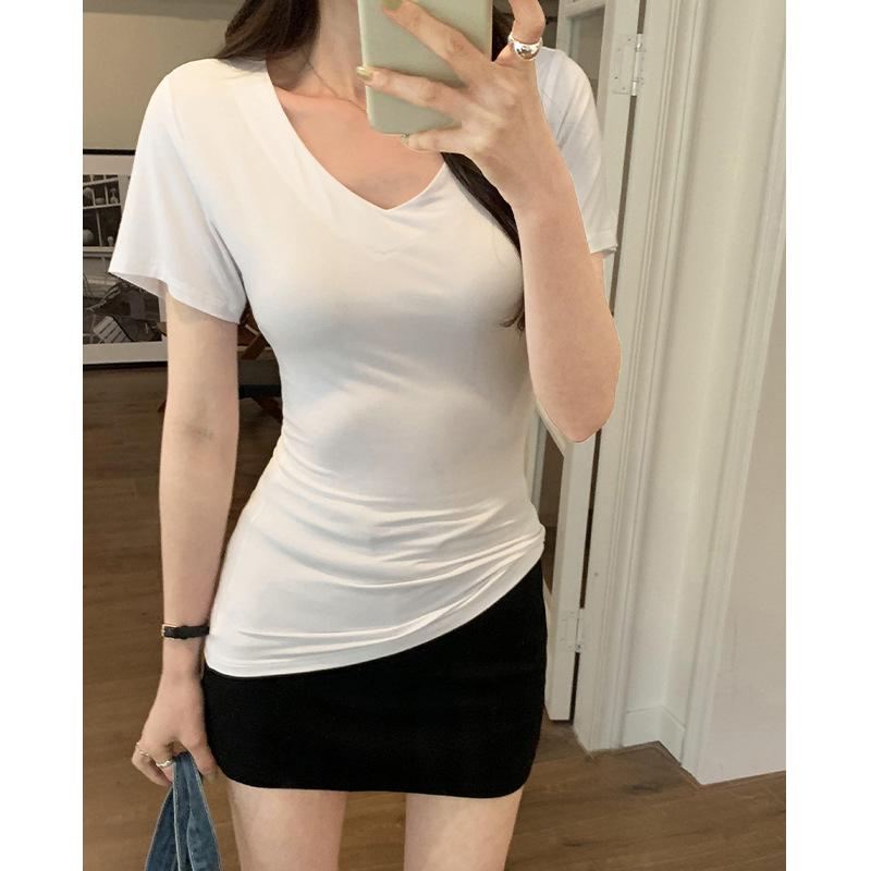 Tシャツ 女性用 春夏 Vネック 修身 収腰 短袖 トップス ブラック グレー ホワイト 通勤 カジュアル 気質 スリム 綸 純色 軽量 吸湿速乾