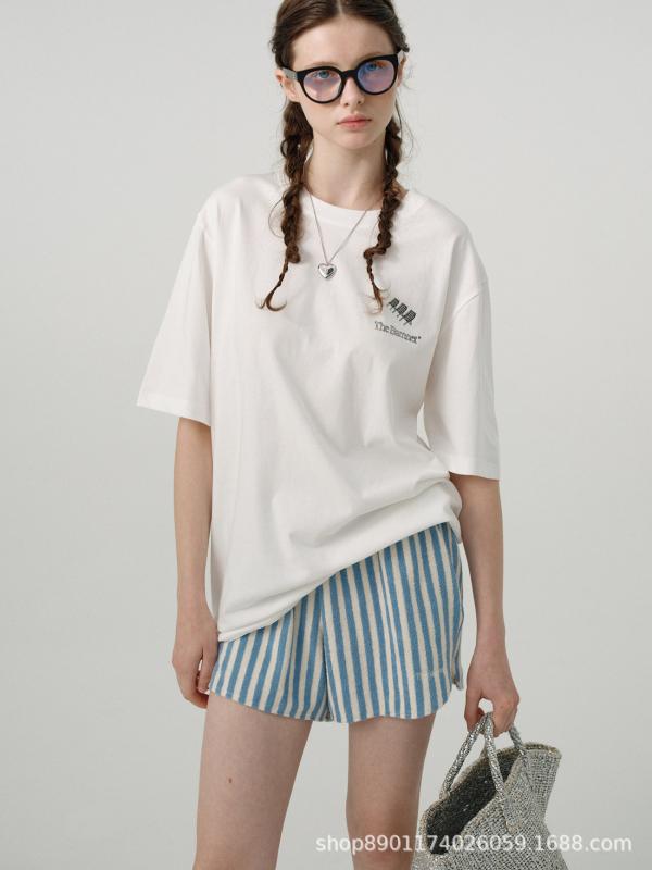 Tシャツ 女性用 春夏 韓国風 ゆったり 丸首 綿素材 短袖 プリント柄 ビーチチェア デザイン 白 かわいい 花柄 トップス 日常使い 軽量 吸湿速乾 中長丈 日韓カジュアル ビッグシルエット 部屋着 インナー