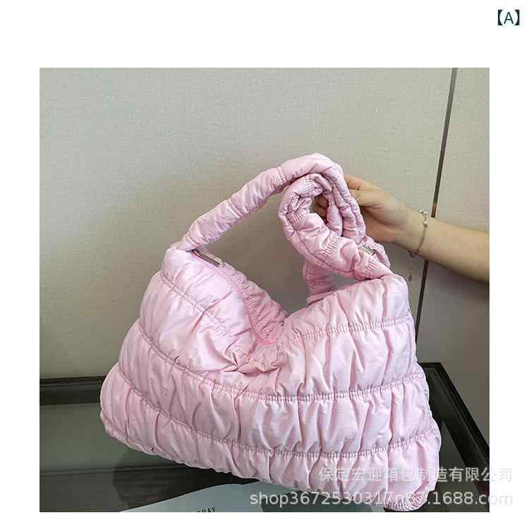 肩掛けバッグ 女性用 大容量 軽量 格子柄 ?子型 韓国風 泡泡 横型 方形 春夏 ピンク 紫 ブルー アイボリー カーキ ブラック イエロー 皺加工 ステッチ ダイヤ柄 ポリエステル 裏地 ジッパー開閉 ソフト素材 日常使い カジュアル ショルダー 巾(x500)