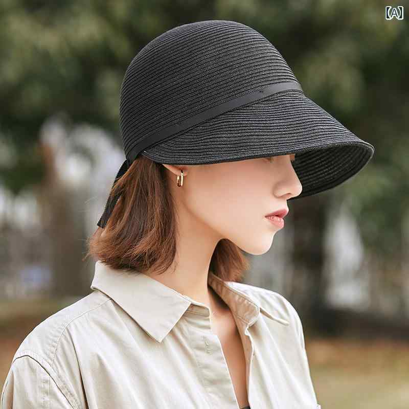 麦わら帽子 レディース 夏 キャップ 鴨嘴帽 遮陽帽 薄手 日式 ファッション 太陽帽子 防晒 護頸 通気性 調整可能 黒 浅・稀 米色 丸頂 広縁 ??素材 清新 甘美 自然 田園風 韓風
