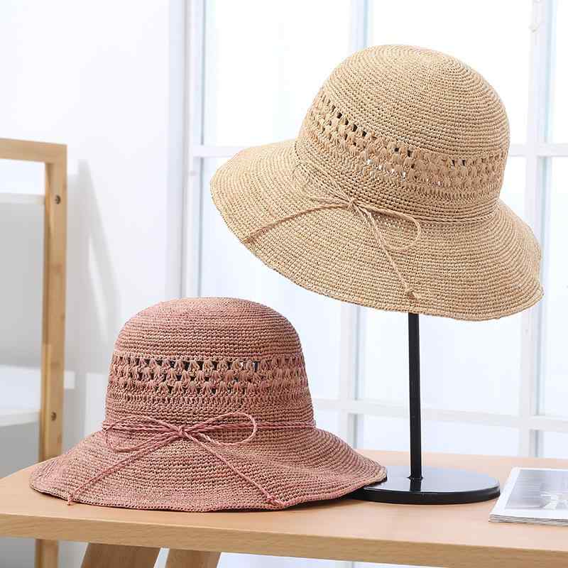 レディース 夏用 麦わら帽子 透かし ワイドブリム サクラ色 本色 赤銅色 生姜黄色 合わせる能力のある 防紫外線 遮光 通気性 軽さ 砂浜 たまり場 心地よい 表現スタイル 愛くるしげ 青写真 ラフィ つづき物 ラウンドいの一番 平檐(x3)
