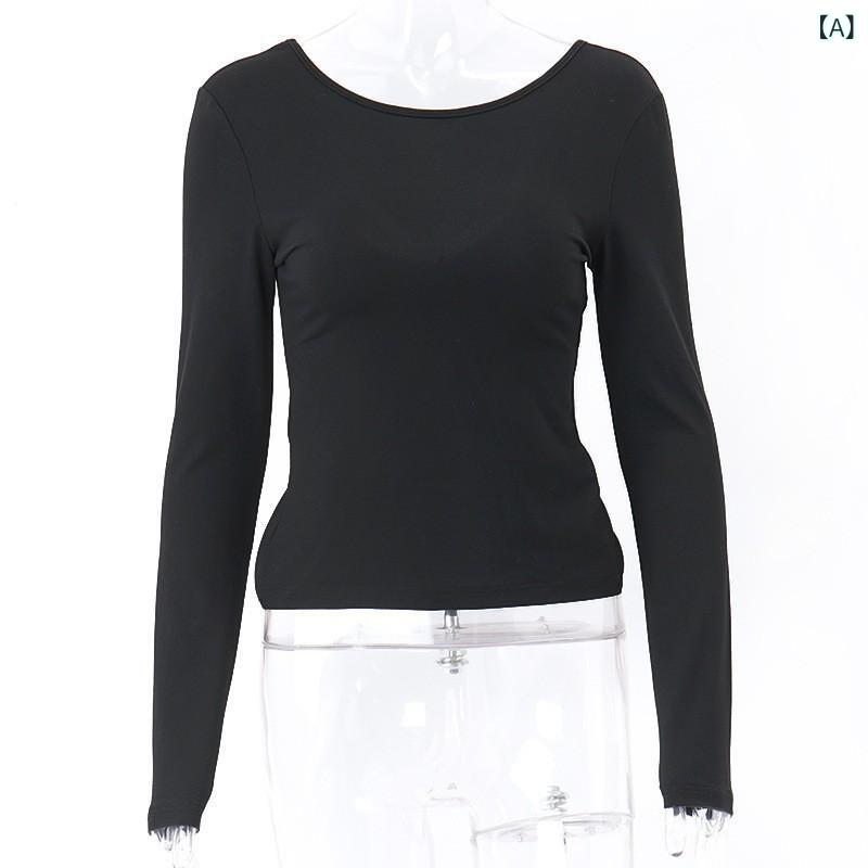 レディース Tシャツ トップス 長袖 修身 セクシー ラウンドネック 背中 ?空 切り替え デザイン 黒 単色 ポリエステル 繊維 90% 以上 日常 着用 私服 スタイル セクシー スパイシー フィット 秋 シーズン 普通 丈 50cm 以上 65cm