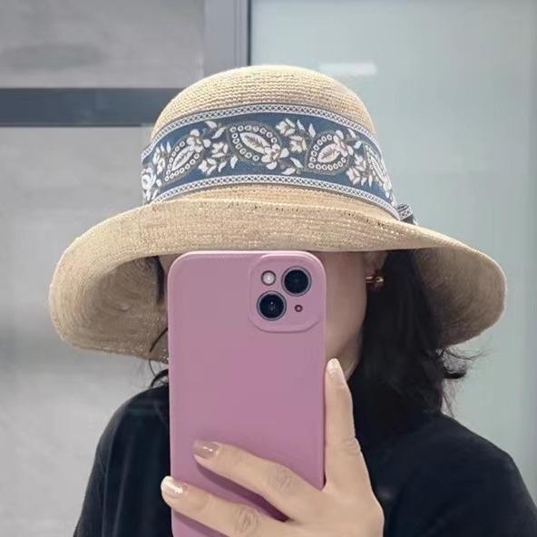 麦わら帽子 女性用 夏用 大檐 手編み ラフィグラス かわいい 蝶結び 湖ブルー ブラック リボン ディープブルー 通気性 防風 防紫外線 折りたたみ可能 ビーチ 調整可能 軽量 丸型 トップ 清新 スイート スタイル