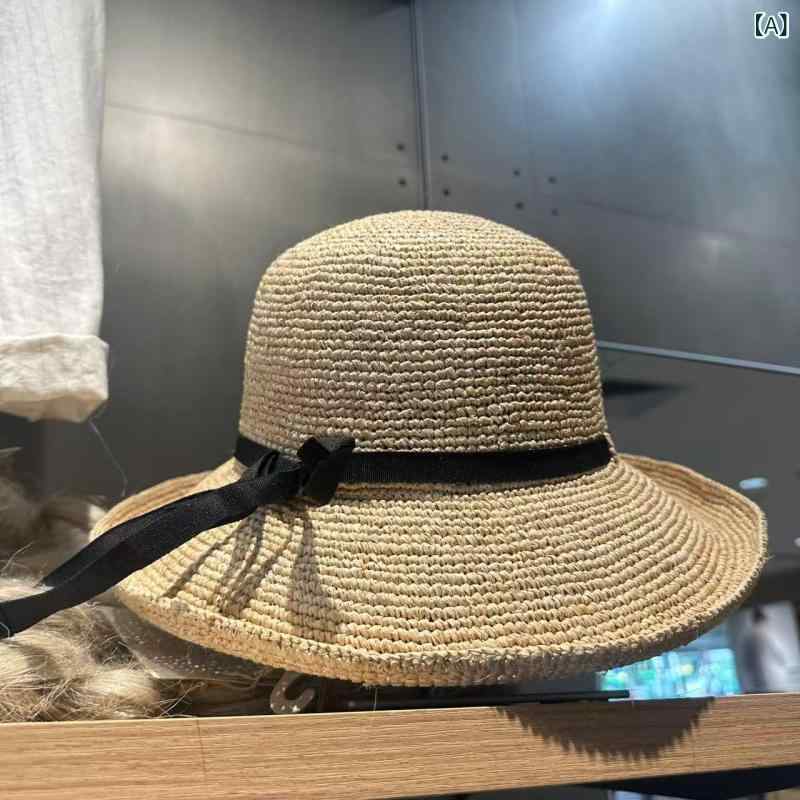 麦わら帽子 女性用 夏用 ラフィグラス編み ビーチ 太陽 サンハット 漁夫スタイル 蝶結び 遮陽 透気 丸頂 曲がり縁 ブラック シンプル 軽量 ファッション 通勤 普段使い