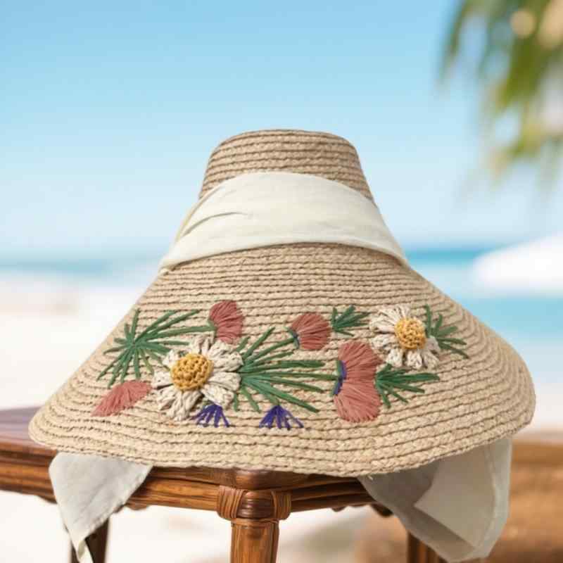 女性用 麦わら帽子 手編み 刺繍 花柄 ビーチハット 海辺 防晒 太陽帽 漁夫帽 可折畳 ラフィ草 夏 秋 透気 防風 遮陽 高頂 超大檐 草色 ブラック ダークブルー ブラウン 清新 スイート 田園風 植物花卉 かわいい 軽量 調整可能 普段使い アウ