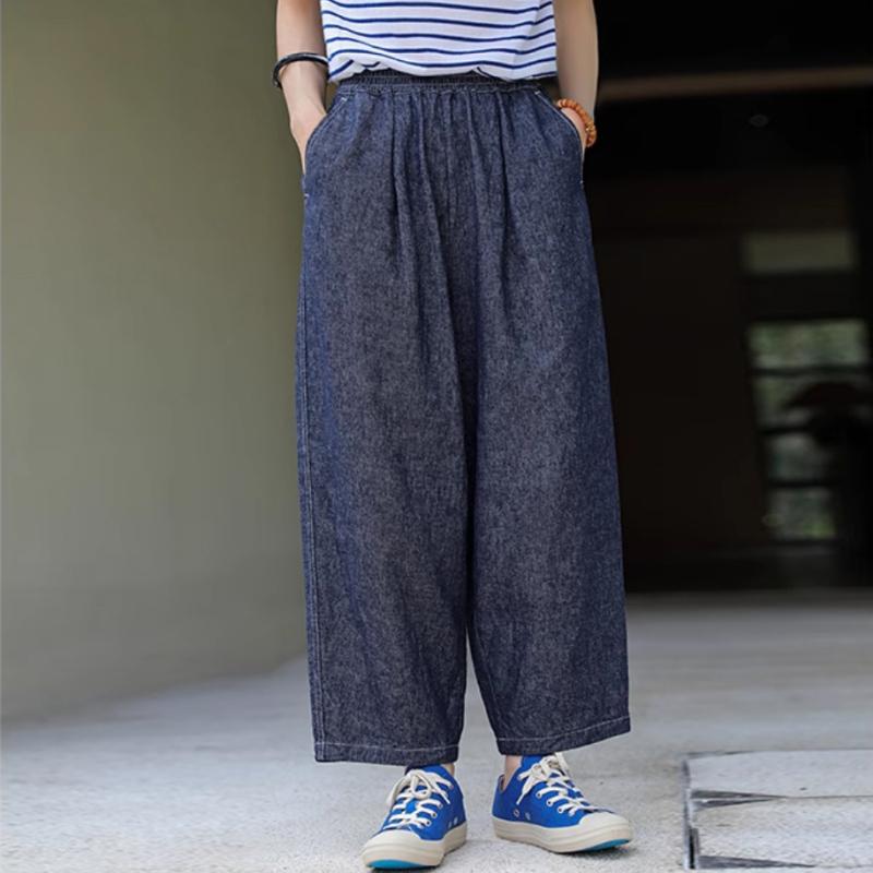 レディース ワイドパンツ 九分丈 高腰 麻 コットン 混紡 デニム 生地 牛仔 ブルー 色織 切り替え デザイン 斜紋 織り 厚手 無弾性 秋 シーズン クロップド 丈 ルーズ シルエット 日常 使い 通勤 対応 軽量 素材 快適 履き心地 欧米 人気 ｜トミーショップ 店