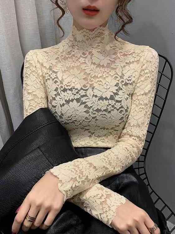 トップス レディース 半高領 長袖 レース インナー 刺繍 修身 セクシー 切り抜き 黒 白 ピンク ブルー グリーン ワインレッド ポリエステル スパンデックス 春夏 気質 優雅 私服