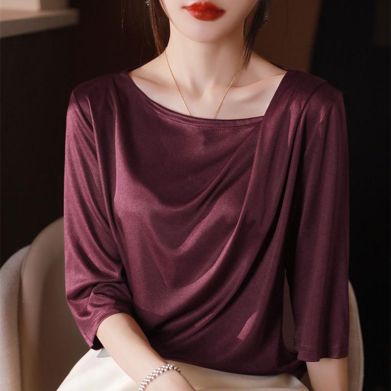 Tシャツ レディース 春夏 短袖 薄手 ワイドシルエット ドレープ感 サテン 素材 アシンメトリー 斜め首元 トップス 気質 通勤風 セットアップ 風 かわいい スタイル ピンク 白 ブルー ブラック ベージュ 赤 グリーン グレー ゴールド 通勤 普段