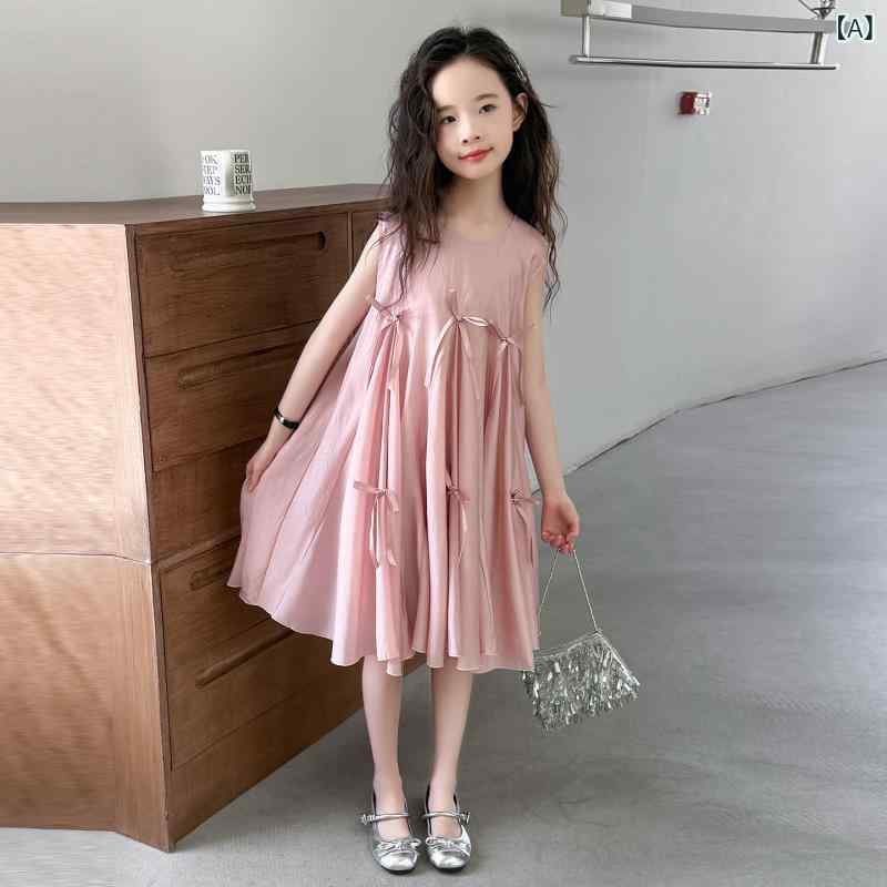 女の子 ワンピース 夏 無袖 プリンセススカート コットン混紡 ピンク かわいい 韓国風 女児 中大童 潮范 柔軟素材 純色 背心スカート 軽やか 普段使い 120cm 130cm 140cm 150cm 160cm 170cm