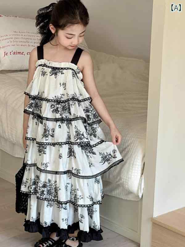 女の子 ワンピース 夏 綿 花柄 無袖 吊り帯 プリンセススカート 親子お揃い かわいい 洋気 ビーチ 柔らかい ミドルキッズ 米白
