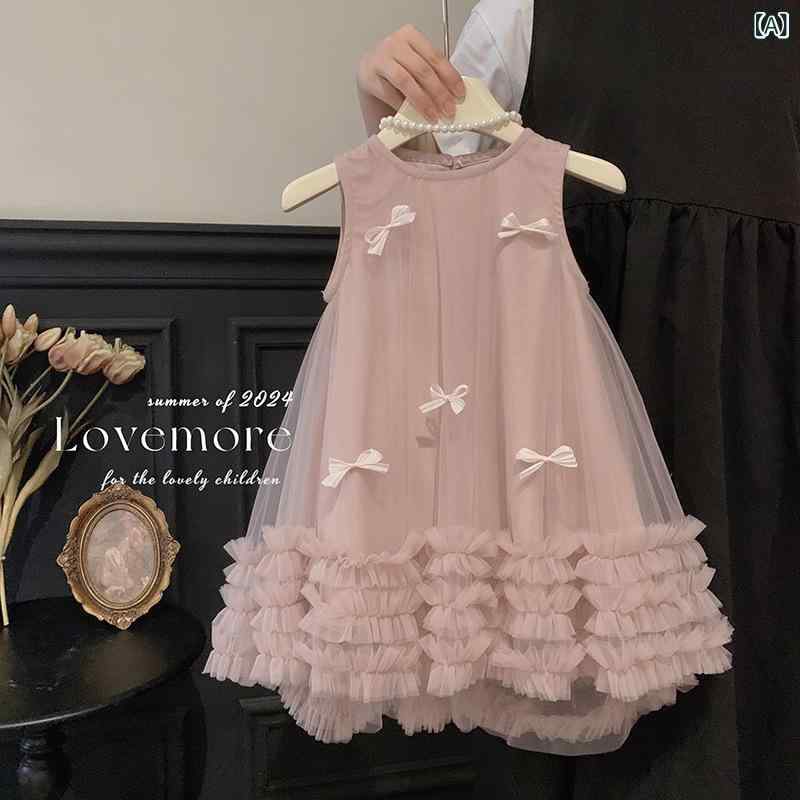女の子 ノースリーブ ワンピース 立体 リボン レース スカート 夏服 甘め ドレス 吊り下げ 背心 スカート A字 スカート ピンク コットン 混紡 柔らかい 素材 かわいい 3-8歳 100-140cm 通気性 軽量 女児 夏 キッズ 子供服 女童