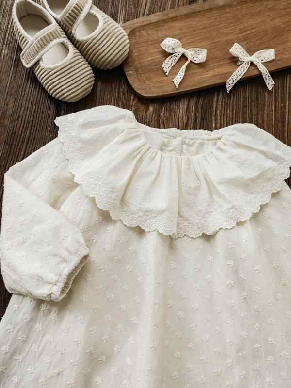 女の子 ワンピース キッズ 春夏 秋冬 コットン 100% 長袖 A ライン スカート レース フリル 襟 かわいい プリンセス スタイル 杏 ベージュ トーン 柔らかい 生地 日常 遊び着 女児 服 トップス ドレス 女の子用 子供服 シンプル 無地