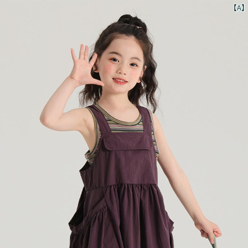 女の子 背広スカート ワンピース 綿素材 無袖 純色 紫 緑 粉 条紋 柔らかい 潮范 夏 3-8歳 100-140cm 韓国風 子供服 女児 ドレス スカート コットン ソリッドカラー ストライプ ソフト トレンド 夏服 キッズ ガールズ ワンピース