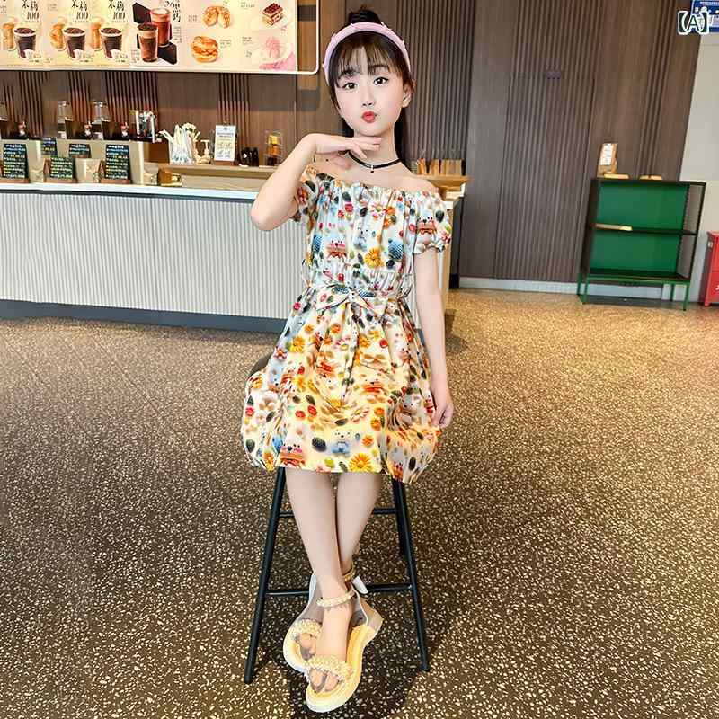 女の子 ワンピース 背心 3D 立体 プリント フラワー プリント かわいい プリンセス スカート ショートスリーブ ポリエステル 100% 柔軟 素材 夏 ビーチ 遊び スカート 米白 米・稀 110-160cm
