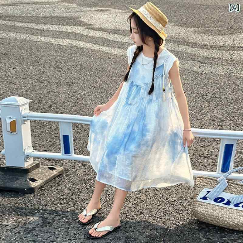 女の子 ワンピース 吊り帯 セット 夏 服 短袖 Tシャツ スカート 綿 裏地 印花 切り替え スカート スタイル 韓国風 ヴィンテージ かわいい 柄 綿素材 軽量 涼しい 夏服 女児 洋服 セットアップ 2点セット 夏用 女の子服 子供服 夏 ドレス