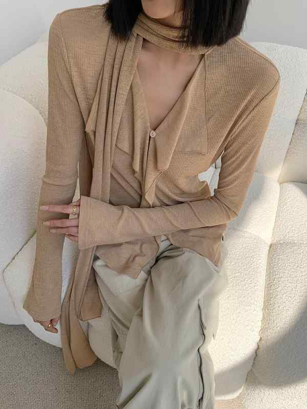 プルオーバー 成人女性用 長袖 春夏 ひな型 人となり フラウンス 袖 修身 決まり切った丈 黄味がかった 荷叶領 うつり変わり 長袖 ?? 微弾力性 純色 角袖巡査 名媛風 トップス トップ フリンジ 袖 ひな型 プルオーバー 成人女性 春夏 人となり フラウンス 修身 トップス 黄味がかった 荷叶領 うつり変わり 微