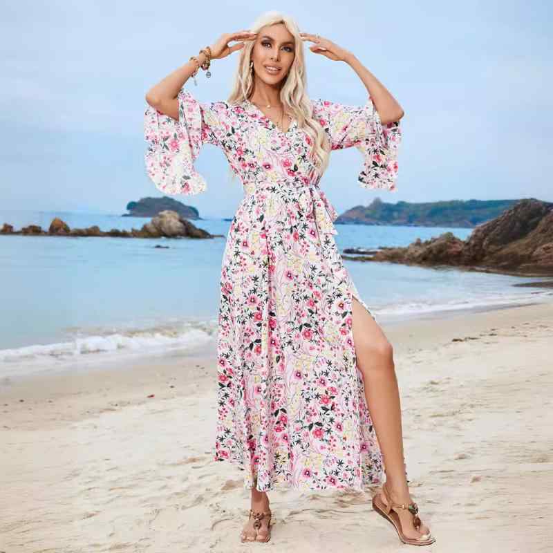ワンピース Vネック 夏 印花 花柄 不対称 花辺 5分袖 系帯 開・楷 Aライン ロングスカート 気質 通勤 セットアップ 優雅 スタイル ポリエステル 繊維 素材 軽やか 揺れる 袖 デザイン 女性用