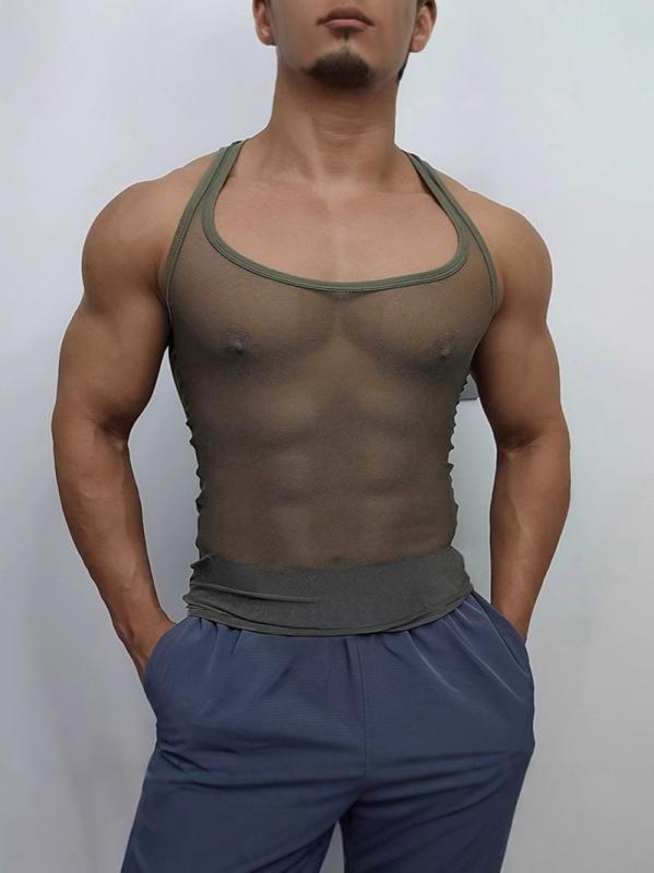 メンズ タンクトップ 薄手 メッシュ セクシー フィット 透け感 Uネック 無袖 夏 黒 軍緑 ポリエステル 速乾 透気 運動 フィットネス 軽量 通気性 吸汗 速乾素材 薄型 メッシュ生地 タイトフィット スポーツウェア アクティブ トレーニング ジム