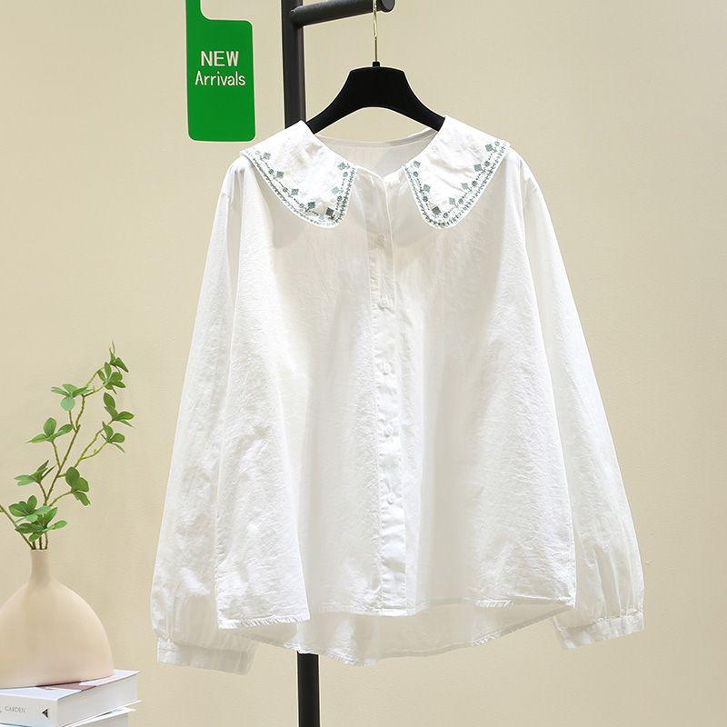 レディース シャツ 刺繍 ワイドカラー 長袖 緑 橙 春夏 ポリエステル ワイドシルエット 中長丈 ラペル ボタン ゆったり スリム デイリー 日常使い 快適 軽やか 韓国風 刺繍 デザイン コットンライク 柔らか素材 春 スタイル コーデ