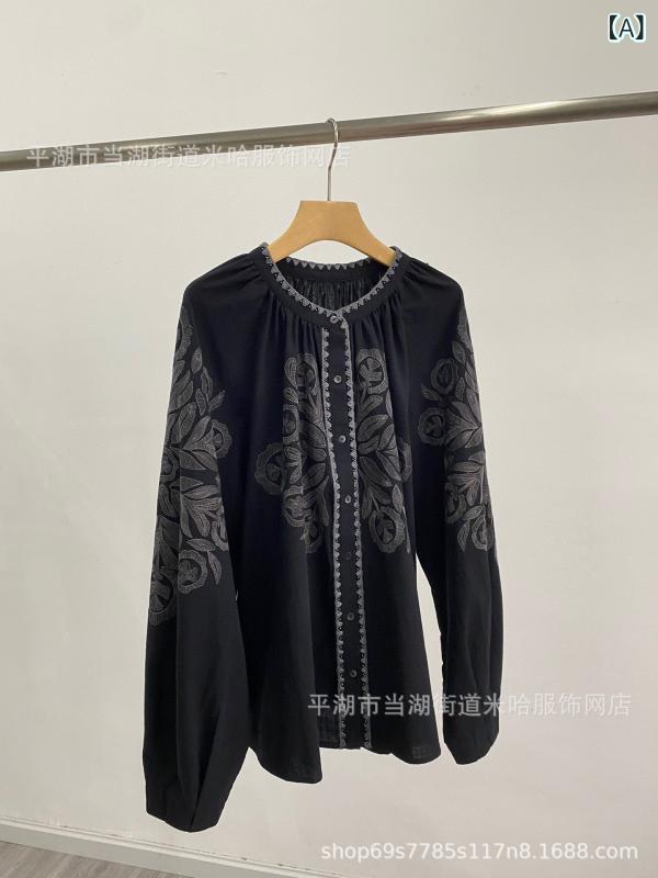 レディース シャツ 春夏 ベイスター 刺繍 丸首 灯?袖 立領 長袖 ゆったり ミドル丈 綿 黒 赤 白 中国風 復古 ボヘミアン スタンドカラー フレアスリーブ コットン ボリューム袖 ゆったりシルエット ミドルレングス ブラック レッド ホワイト エ