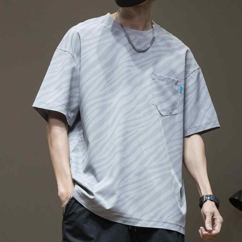 メンズ Tシャツ 半袖 速乾 ストライプ トップス 男性用 ゆったり 大きいサイズ 夏服 ブラック グレー グリーン ポリエステル 透気性 ポケット デザイン 丸首 ラグラン袖 スポーツ 休日 スタイル