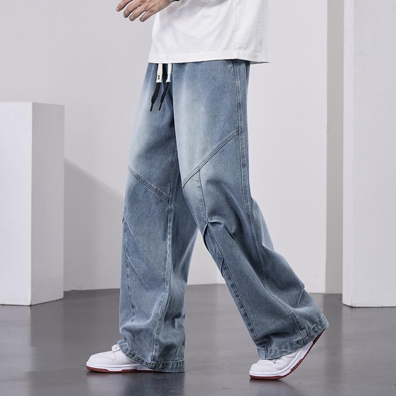 メンズ デニムパンツ 直筒 低腰 春秋 黒 紺 コットン 微弾性 多ポケット ゆったり 大きいサイズ 学生 街着 作業着風 港風 ワイドレッグ ワイドパンツ ファッショナブル 都市スタイル 24-35歳向け 免?加工 水洗仕上げ