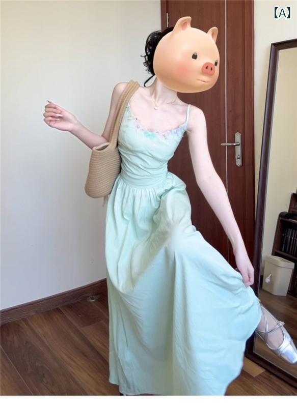 ワンピース 女性用 夏 ミントグリーン 蝶々 吊り下げ ロングドレス Aライン スクエアネック ノースリーブ 高腰 収腰 背中開き デザイン 気質 通勤 スタイル 単品 セットアップなし ?? ポリエステル 繊維 TR素材 純色 系? 長さ スカート 形