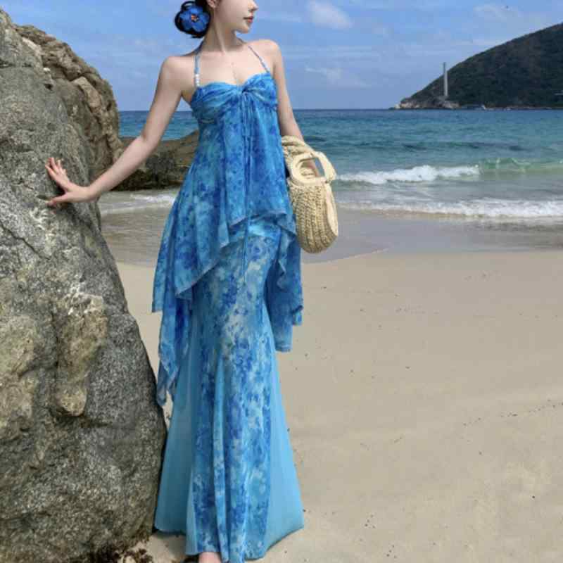 衣装 レディース 夏 内燃機関青み 人となり 海岸地帯 たまり場 か細い ハンギングネック ストラップドレス 熱電子管とっ始め 島 フィッシュテール ロングスコート 仕掛ける ポリエステル 3D 立体 刷り上げる 否鉄 高腰 A伝達ルート 曲がった襟 無