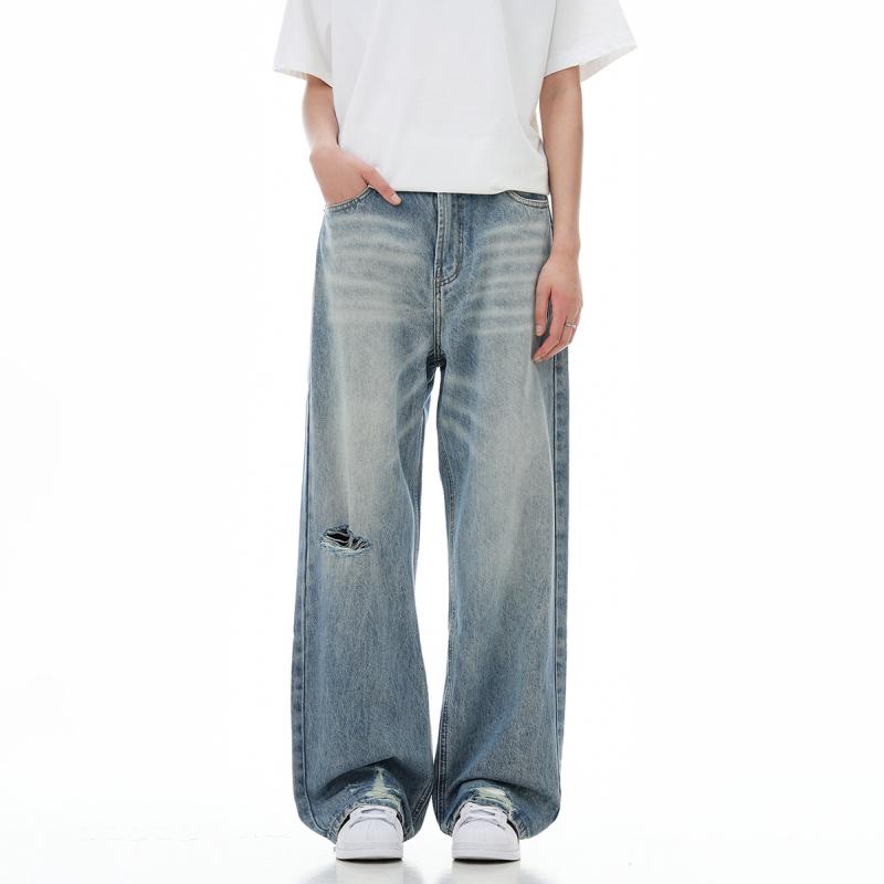 メンズ デニムパンツ 破れ ワイドレッグ ストレート ヴィンテージ風 ミッドライズ ジップフライ ポケット デコレーション ブルー コットン 素材 ミックス フィブリ 無伸縮 イージーケア 加工 カジュアル ストリート スタイル ティーン 向け オールシ