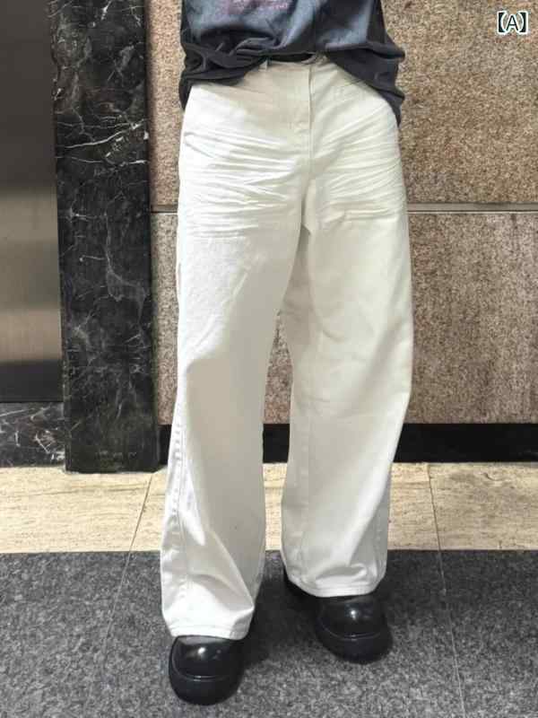 メンズ 牛仔パンツ 直筒型 ワイドレッグ 白 復古風 プリーツ 立体 猫須加工 プレーツ クラッシュ加工 ミッドライズ ジップフライ 長丈 水洗加工 コットン 素材 無弾性 春秋 シーズン 青少年 向け カジュアル 普段使い ストリート ファッション ゆ