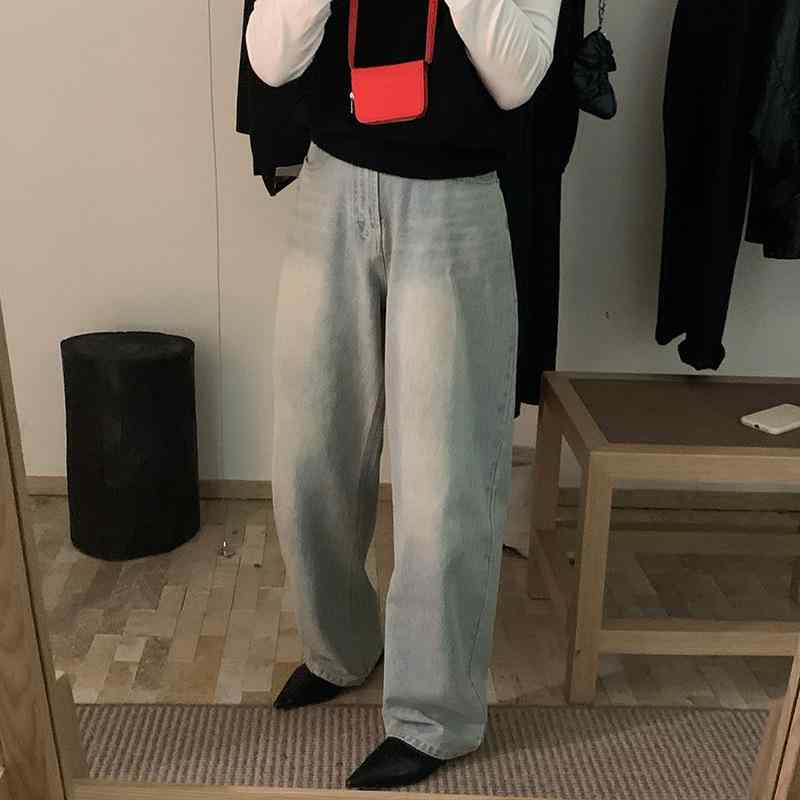 レディース デニムパンツ 直筒 ワイド ハイウエスト 長ズボン コットン 洗い加工 做旧風 微弾性 中厚 ポケット付き 通勤 普段使い 秋 ブルー 韓国風 復古 シンプル ラフ 百搭｜トミーショップ 店
