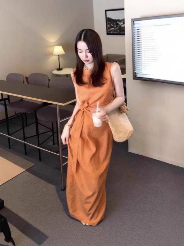 レディース ワンピース 連衣裙 長スカート A字型 無袖 丸首 麻素材 クリームオレンジ 韓国風 気質 高級感 紐 バインド ジップ ワンカラー 単品 夏 少女風 爽やか 甘め 95%以上 フィット 軽量 通気性 日常使い デート カジュアル ビーチ|トミーショップ 店