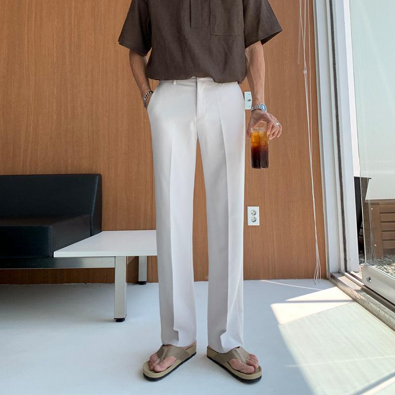 メンズ 西装パンツ 直筒 ワイド ゆったり 韓国風 夏用 アイスシルク 薄手 垂れ感 コットン 綿素材 黒 グレー 軽量 伸縮性 通勤 普段使い 部屋着 外出 アウトドア ビッグシルエット ハイウエスト Vネック｜トミーショップ 店
