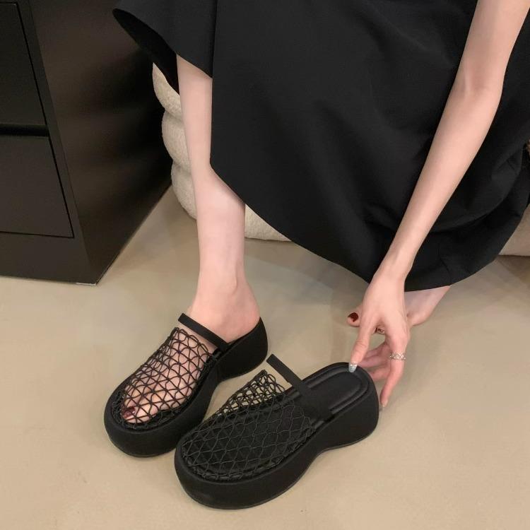 サンダル レディース 厚底 ハイヒール オープントゥ 黒 網原料品 方先 韓風 メッシュ 夏 春 秋 軽さ 伸縮性 通気性 原則として 室内 戸外 砂浜 歩き分かりやすい 自然調整能力のある 座布団性 耐久性 汎用 その他-サンダル-靴