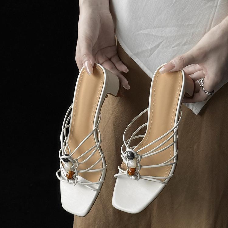 女性用 スリッポンサンダル 細ストラップ 外履き シンプル 百搭 フレンチスタイル レトロ 厚底 ハイヒール 通勤 気質 オープントゥ 米白 ブラウン 超繊維素材 ワイドフィット 軽量 クッション性 快適 歩きやすい 普段使い ストリートファッション|トミーショップ 店