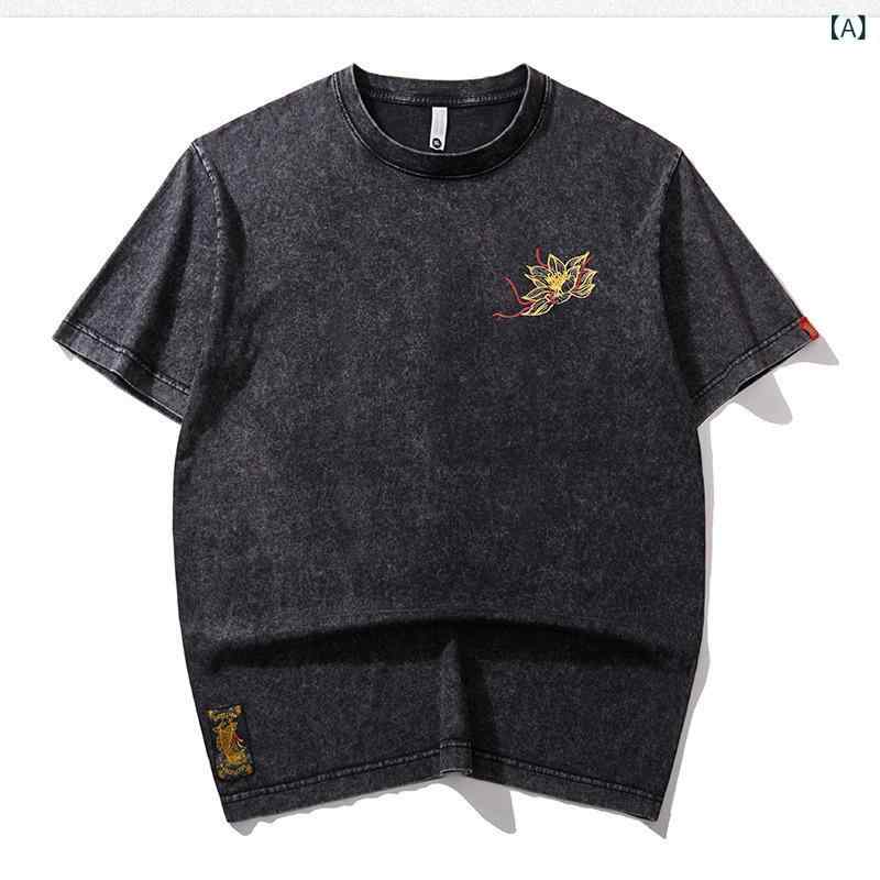 プルオーバー メンズ 半袖 ?? 刺? 国潮 中国? ?松 打底 プルオーバー 黒 春夏用 御前上等感 綿 110文字記号