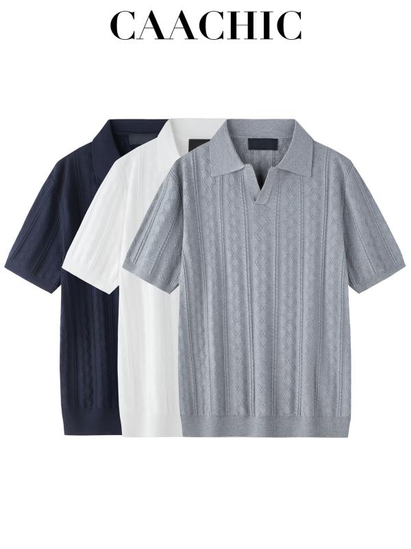 Poloプルオーバー メンズ 半袖 薄っぺら 編み物 春夏 心地よい 商行為 成人男性服 40代 50代 60代 イタリー風 レトロ風 海鳥襟 ティーシャツ 薄墨色 白いこと 青 白