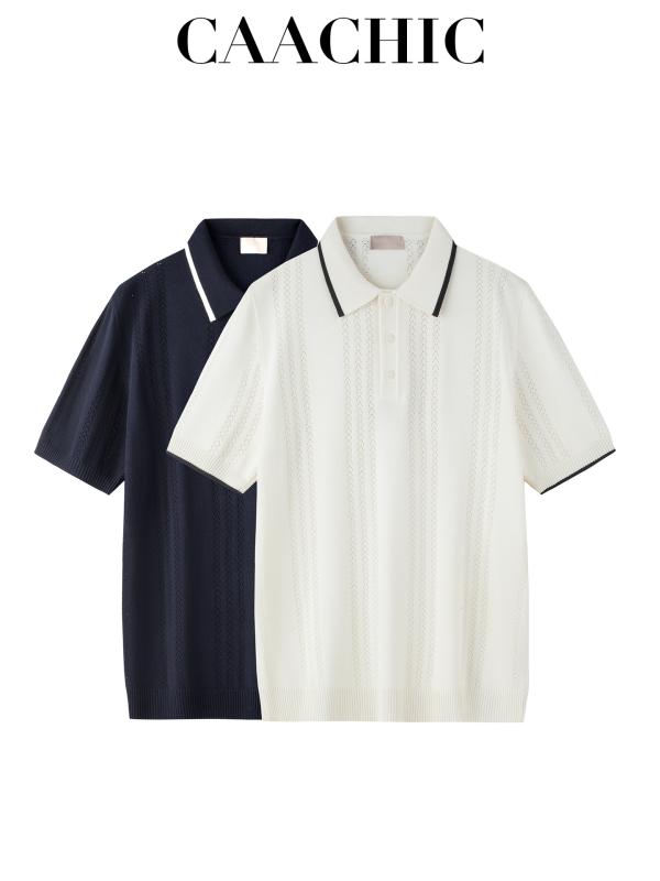 POloティーシャツ メンズ 春夏 薄っぺら 編み物 ティーシャツ 半袖 レトロ 透かし編み