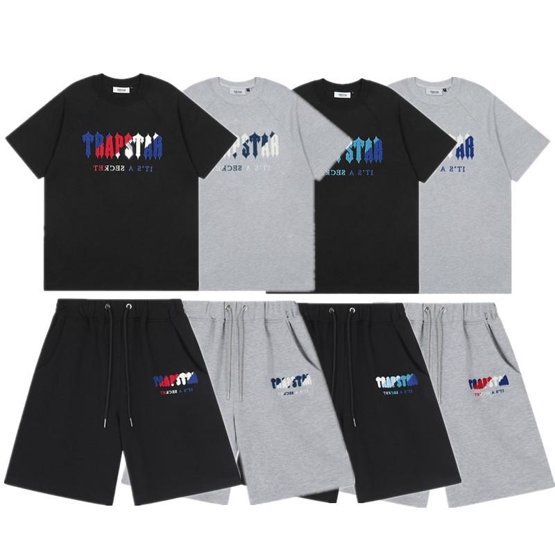 ティーシャツ さる股引き セットアップ Trapstar グラデーション ロゴタイプ 刺しゅう 半袖 心地よい 夏 メンズ 成人男性用 白 青 M L XL