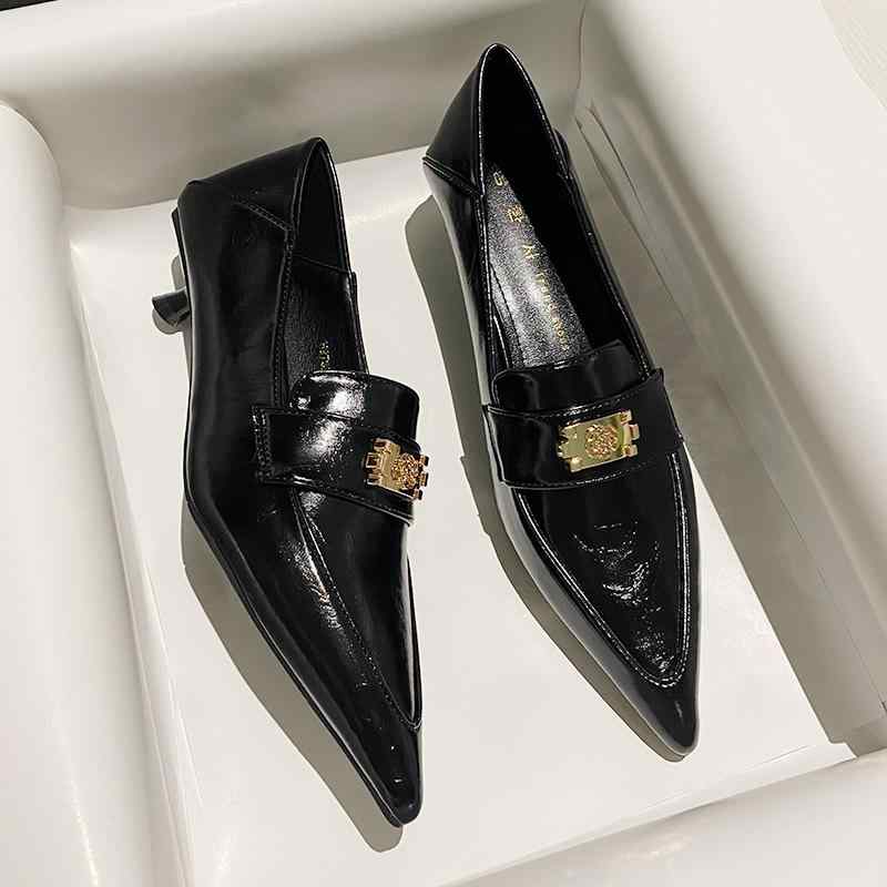 レディース パンプス 黒 細踵 尖頭 通い パステル色のPUなめし革