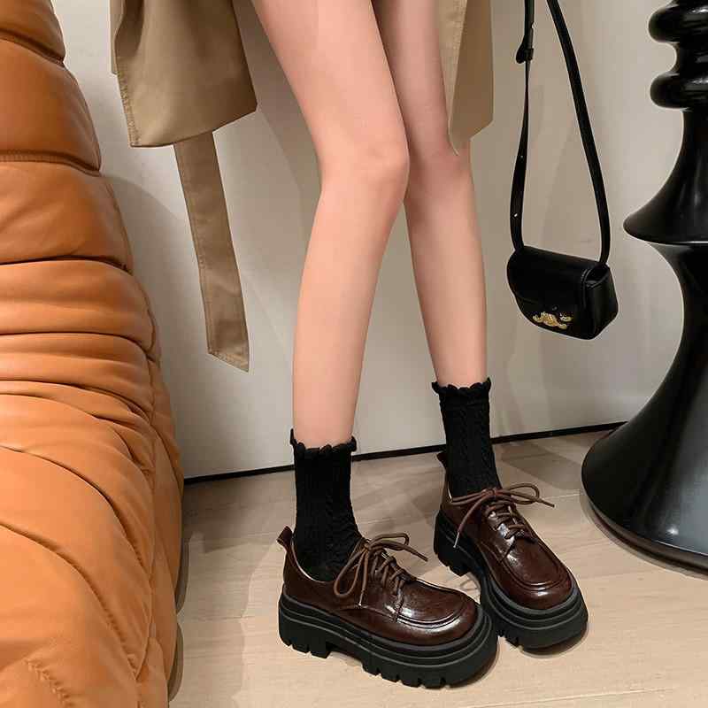 ?版 ?? ?福鞋 女 羊皮 ?鞋 厚底 粗跟 黒いこと 棕色 春陽 炎節 秋期